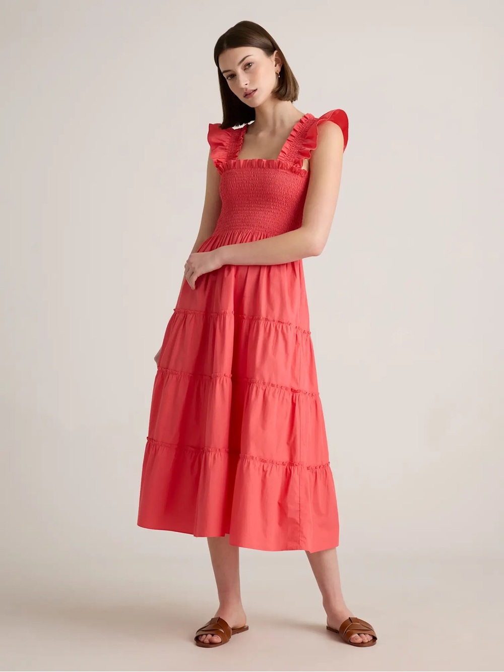 Quince Organic Cotton Poplin Smocked Midi Dress Spiced Coral